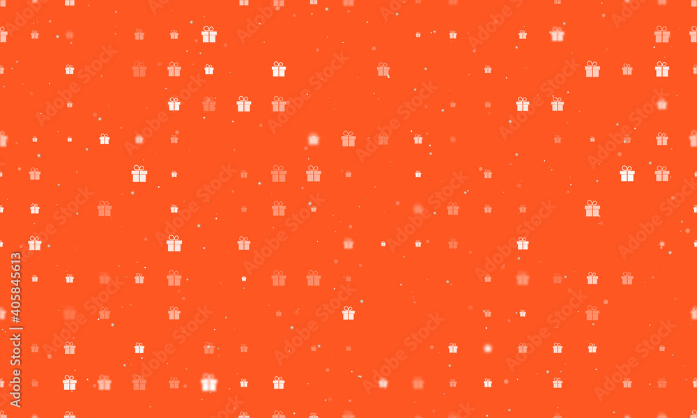 Seamless background pattern of evenly spaced white gift symbols of different sizes and opacity. Vector illustration on deep orange background with stars Seamless background pattern of evenly spaced white gift symbols of different sizes and opacity. Vector illustration on deep orange background with stars