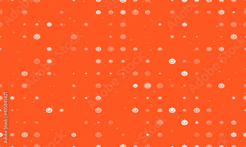 Seamless background pattern of evenly spaced white halloween pumpkin symbols of different sizes and opacity. Vector illustration on deep orange background with stars