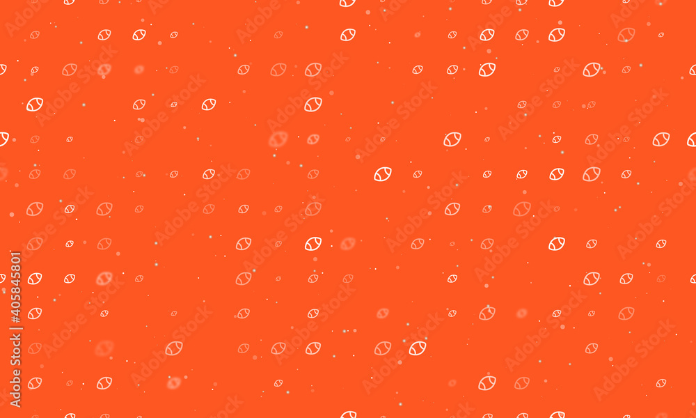 Seamless background pattern of evenly spaced white rugby symbols of different sizes and opacity. Vector illustration on deep orange background with stars Seamless background pattern of evenly spaced white rugby symbols of different sizes and opacity. Vector illustration on deep orange background with stars