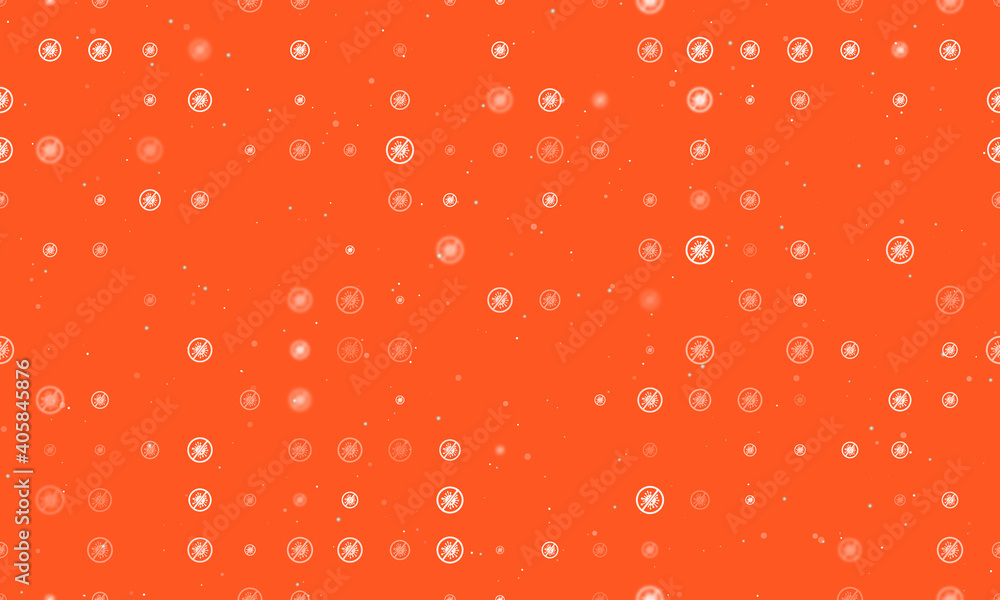 Seamless background pattern of evenly spaced white stop coronavirus symbols of different sizes and opacity. Vector illustration on deep orange background with stars