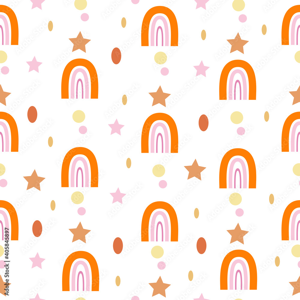 Boho rainbow seamless pattern circles, stars, yellow, pink color Modern earthy Boho rainbow seamless pattern circles, stars, yellow, pink color Modern earthy
