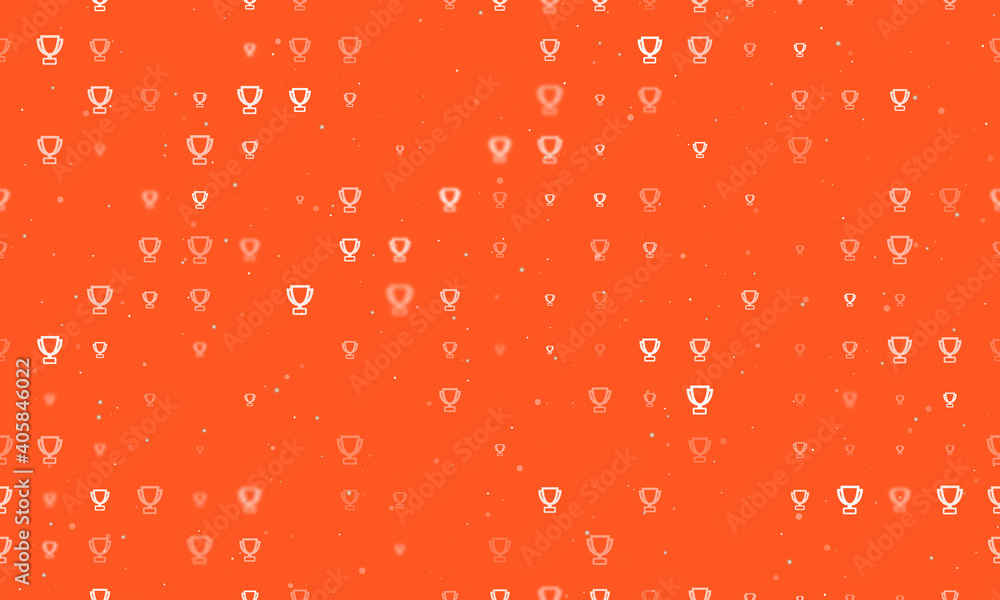 Seamless background pattern of evenly spaced white trophy symbols of different sizes and opacity. Vector illustration on deep orange background with stars