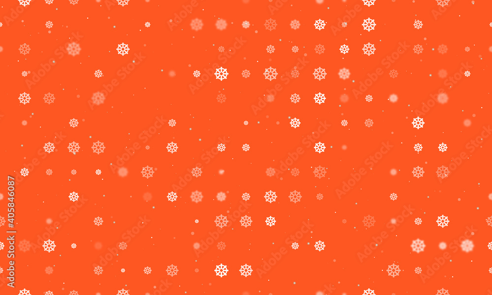 Seamless background pattern of evenly spaced white wheel symbols of different sizes and opacity. Vector illustration on deep orange background with stars Seamless background pattern of evenly spaced white wheel symbols of different sizes and opacity. Vector illustration on deep orange background with stars