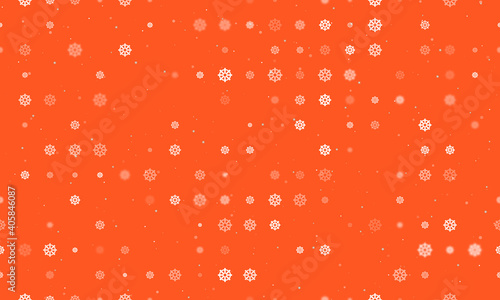 Seamless background pattern of evenly spaced white wheel symbols of different sizes and opacity. Vector illustration on deep orange background with stars