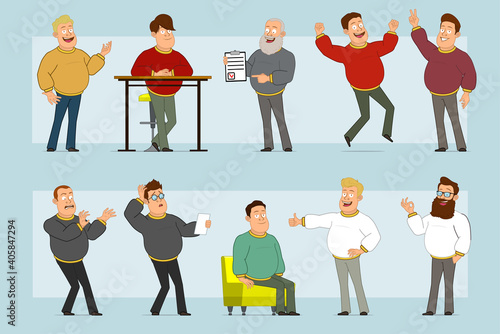 Cartoon flat funny fat smiling man character in jeans and sweater. Boy resting, jumping, showing thumbs up, peace and okay sign. Ready for animation. Isolated on blue background. Vector set.