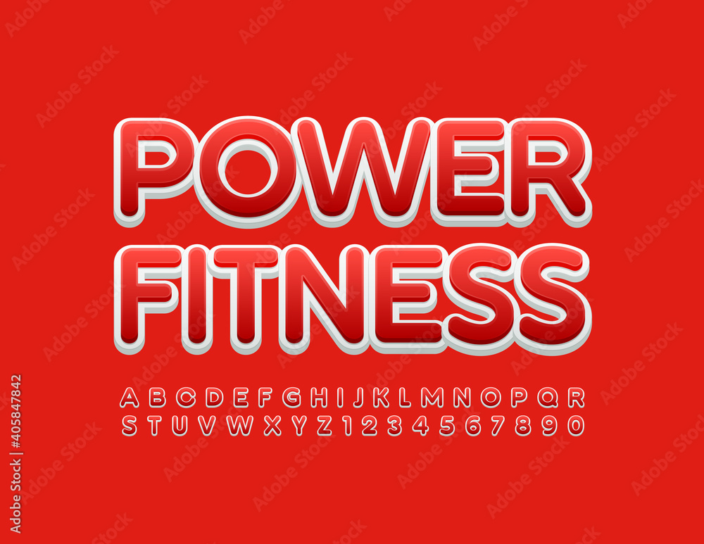 Vector bright sign Power Fitness. Red and White Alphabet Letters and Numbers set. Bright modern Font Vector bright sign Power Fitness. Red and White Alphabet Letters and Numbers set. Bright modern Font