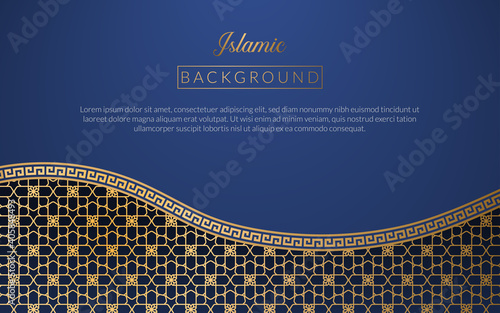 Background islamic arabic culture golden art deco template , frame decoration islam background ornament template gold , business blue background gradient