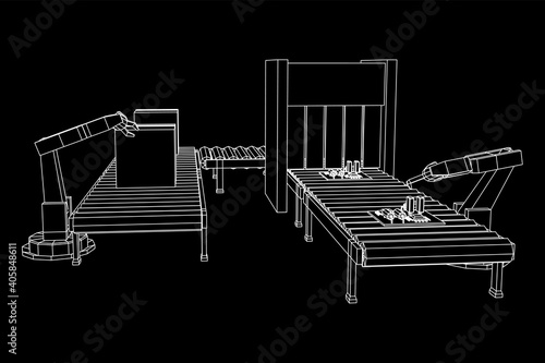 Robotic arm manufacture technology industry assembly mechanic hand. Regular roller conveyor with circuit boards and packed boxes. Wireframe low poly mesh vector illustration