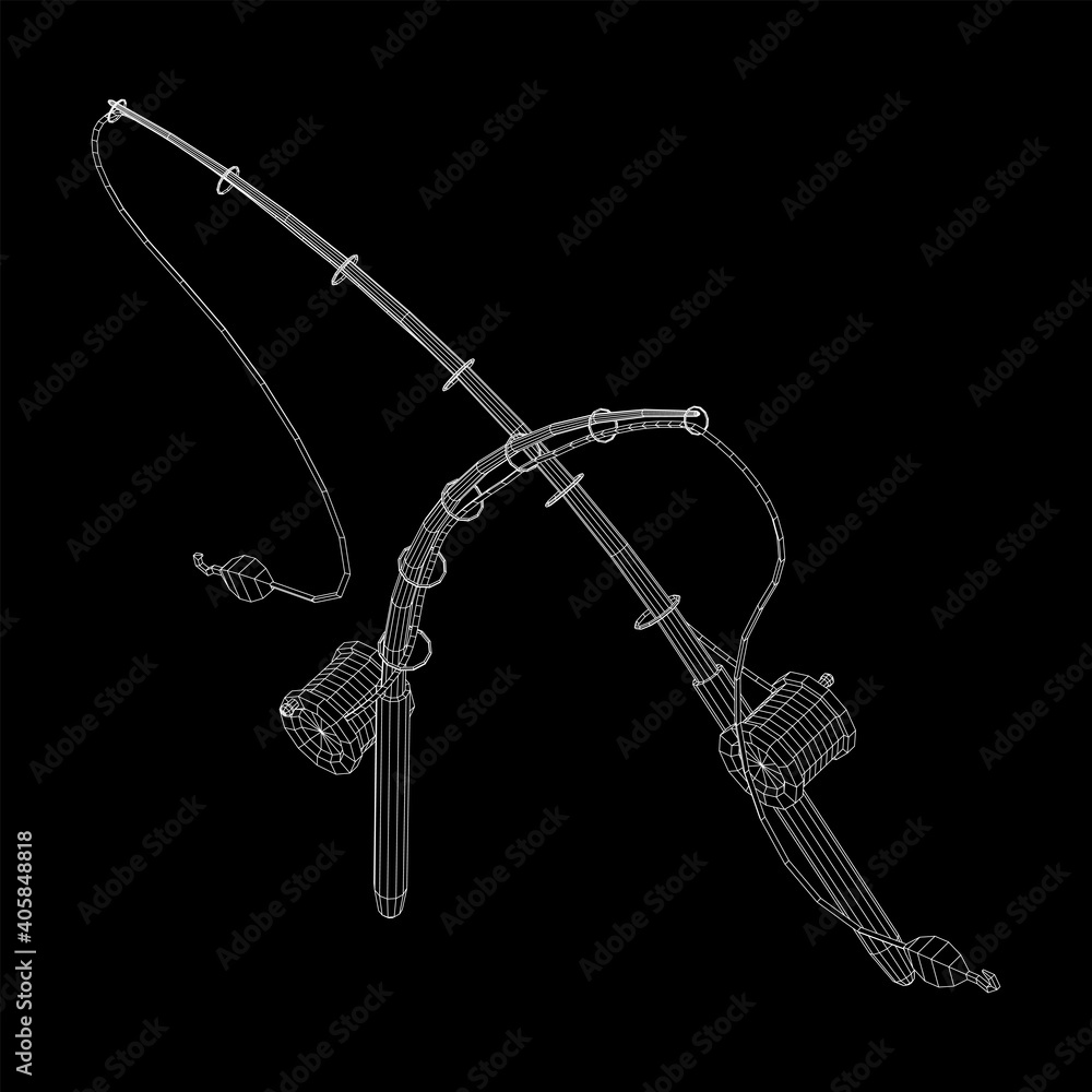 Fishing rod with line sinker and hook. Wireframe low poly mesh