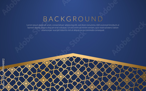 Background islamic arabic culture golden art deco template , frame decoration islam background ornament template gold , business blue background gradient