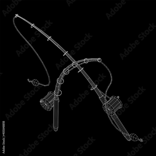 Fishing rod with line sinker and hook. Wireframe low poly mesh vector illustration.
