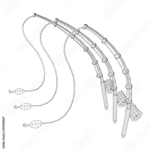 Fishing rod with line sinker and hook. Wireframe low poly mesh vector illustration.