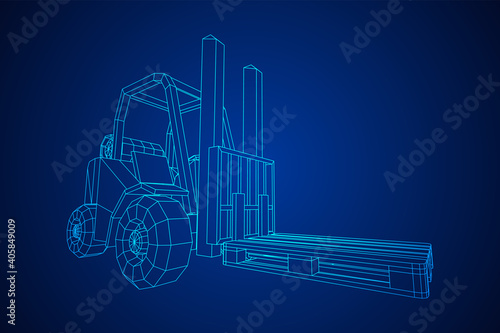 Forklift Loader lift truck with cargo pallet for warehouse. Logistics shipping concept. Wireframe low poly mesh vector illustration.