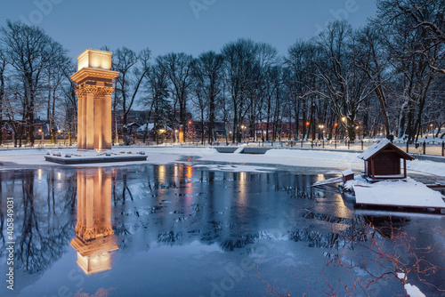 Snow in City Park in Tarnow, Lesser Poland. Mausoleum of General Jozef Bem Polish and Hungarian Hero