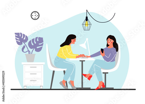 Nail salon. The girl does a manicure. Spa salon. Beauty salon. Nails. gel polish. Vector illustration on an isolated background. Flat.