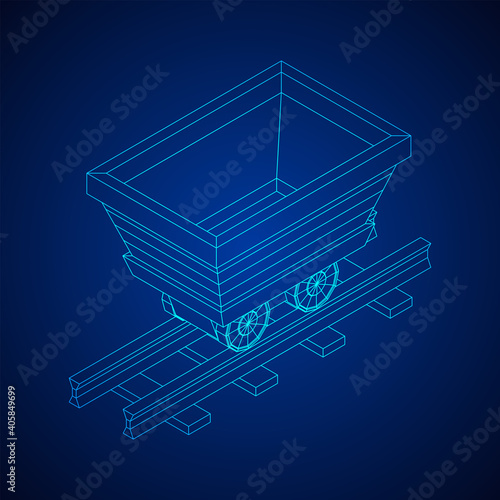 Trolley mine on rails. Wireframe low poly mesh vector illustration.