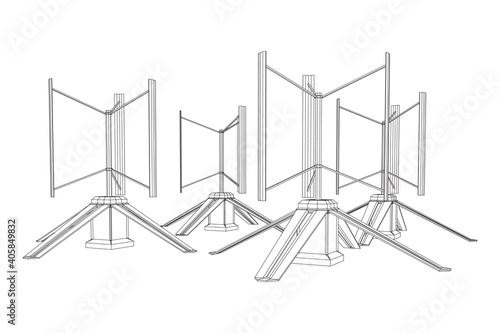 Darrieus wind turbine. Windmill generator wireframe low poly mesh. Vector illustration