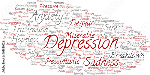 Vector concept conceptual depression or mental emotional disorder problem abstract word cloud isolated background. Collage of anxiety sadness, negative, sad, despair, unhappy, frustration symptom text
