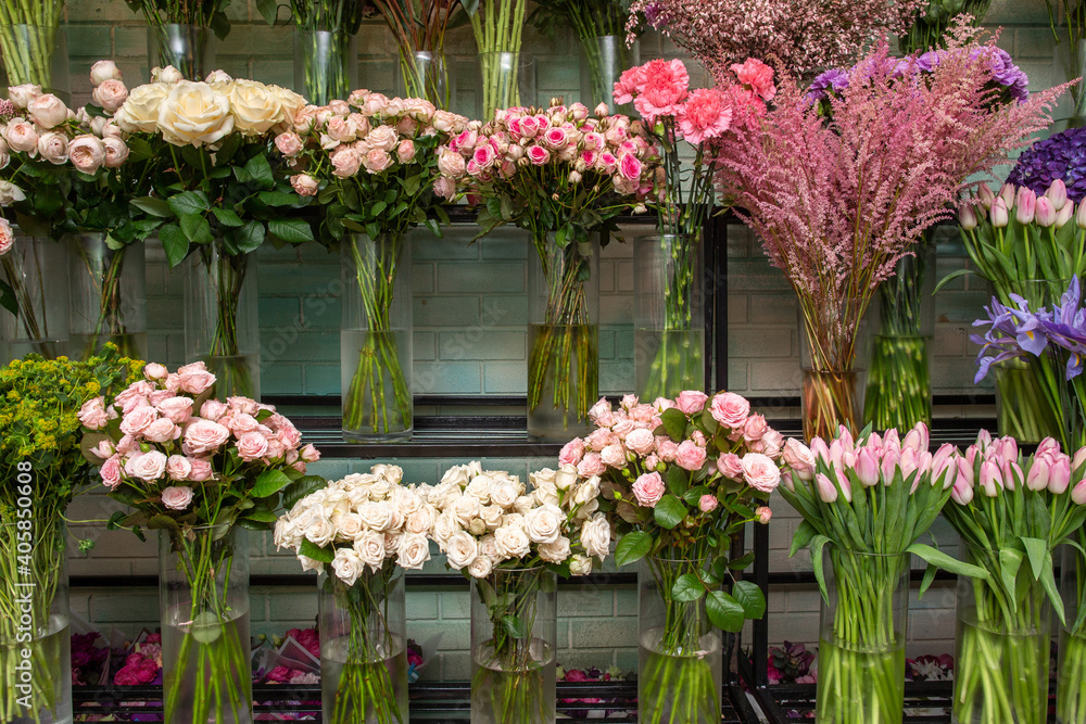 Flower shop, various flowers in vases