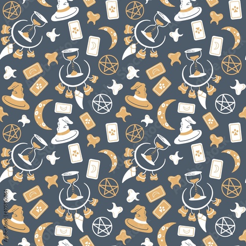 Seamless vector pattern with tarot card, teeth, necklace, moon, hourglass and pentagram. magic background