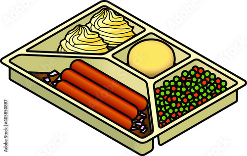 A TV dinner tray with sausages/bangers, mashed potatoes, biscuit/scone, peas and carrot.