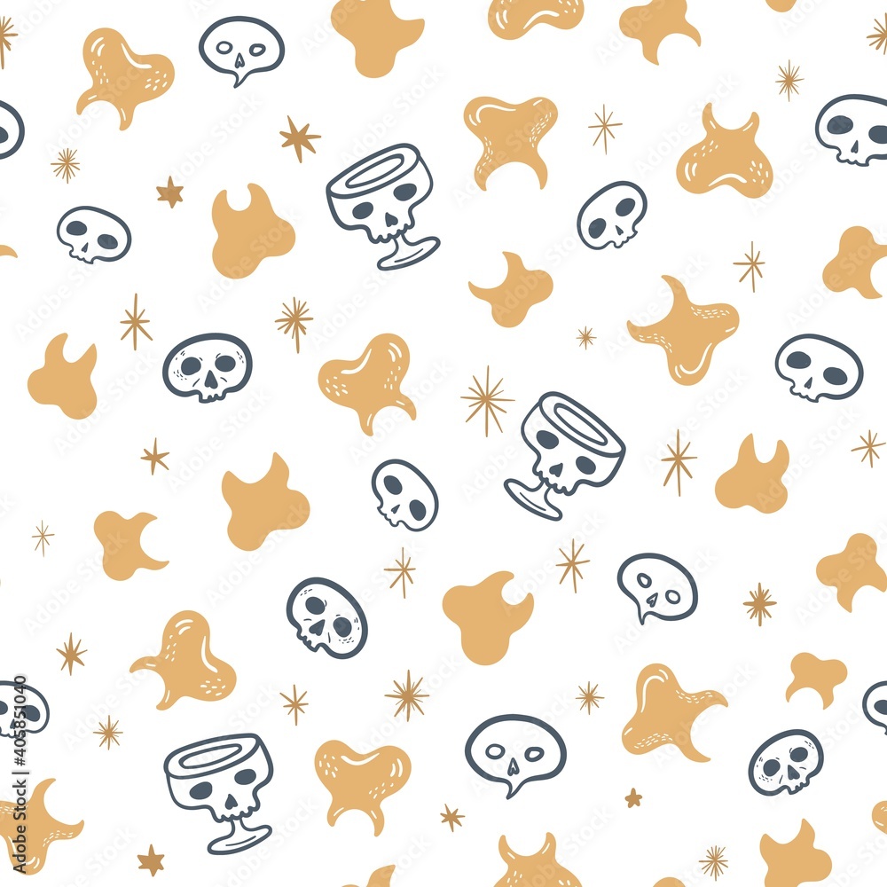 Seamless vector pattern with teeth and skulls on white background. Magic background Seamless vector pattern with teeth and skulls on white background. Magic background