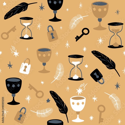 Seamless vector pattern with feather, key, hourglass and bowl 