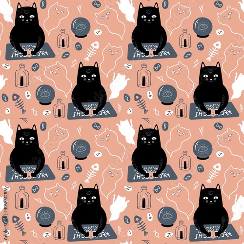 Seamless pattern with black cat, Ouija board, ghosts, crystal ball, runes, candle and fish skeleton. Magic funny illustration on pink background