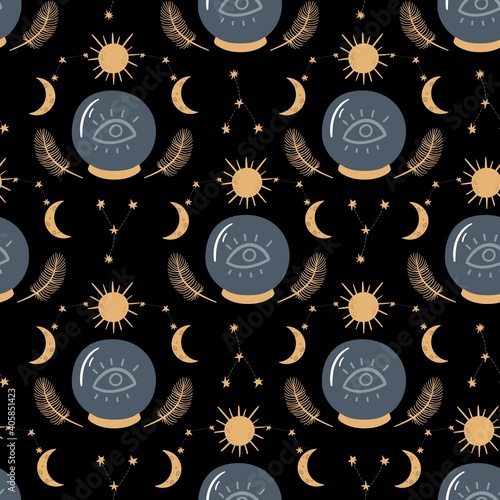 Seamless vector pattern with crystal ball, sun, moon, crescent, constellation and feather on black background