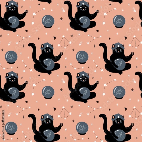 Seamless vector pattern with black cat oracle, fortune teller, crystal ball, constellation and stars on pink background. Magic illustration