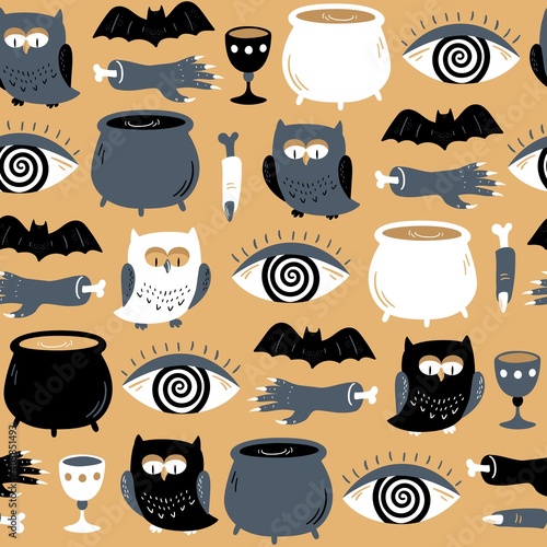 Seamless vector pattern with cauldron, owl, bat, zombie hand, finger, enchanted eye and bowl. Magic illustration