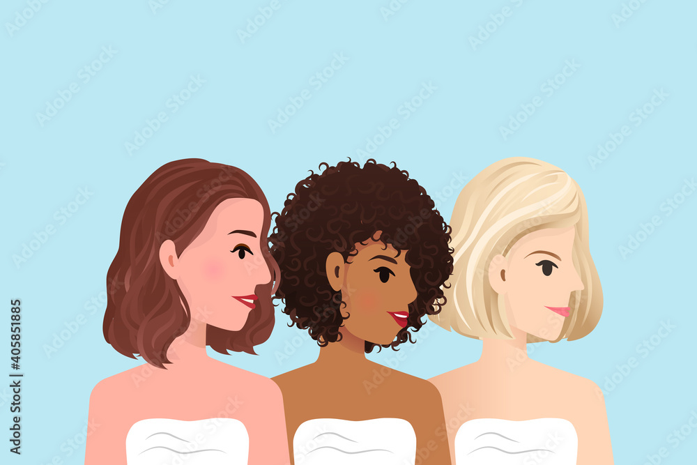 Diverse Multi-ethnic women avatars.. A group of beautiful women with different beauty, hair and skin color. Women smiling with bath towel on the body concept. Vector illustration. Diverse Multi-ethnic women avatars.. A group of beautiful women with different beauty, hair and skin color. Women smiling with bath towel on the body concept. Vector illustration.