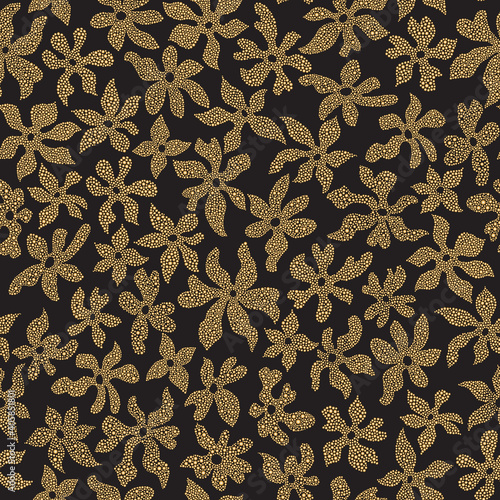 Floral seamless pattern from s mall golden beads, bugle, rhinestones, tinsel, sequins. Gold flowers with metallic texture on a black background