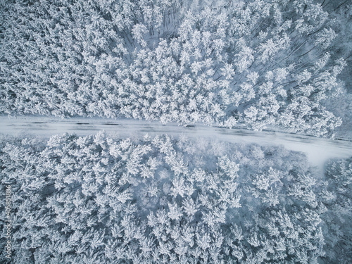 Slippery Dangerous Driving Conditions on the Roads After Heavy Snowfall. Drone View