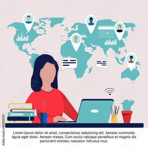 People from all over the world work together through an online connection. A woman conducts video conferences, meetings, work from home, anywhere, freelance. Vector illustration