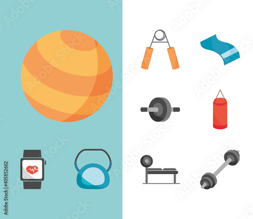 gym equipment sport workout icons kettlebell yoga ball hand expander in flat style