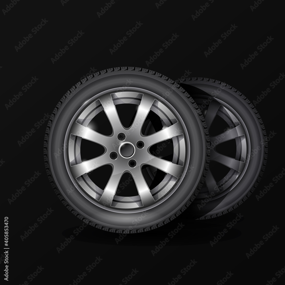 Tire fitting service poster, car wheel tyre with alloy wheel rim on black background, vector Tire fitting service poster, car wheel tyre with alloy wheel rim on black background, vector