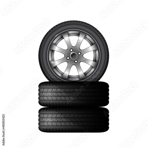 Pile of car tires with alloy wheel rim, tyre fitting service and sale advertisement poster, vector