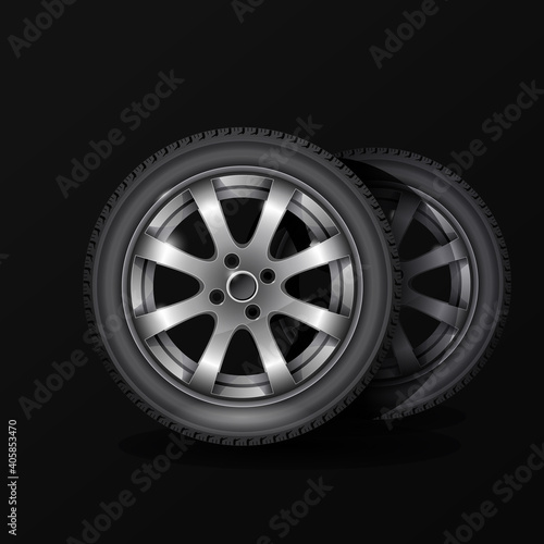 Tire fitting service poster, car wheel tyre with alloy wheel rim on black background, vector