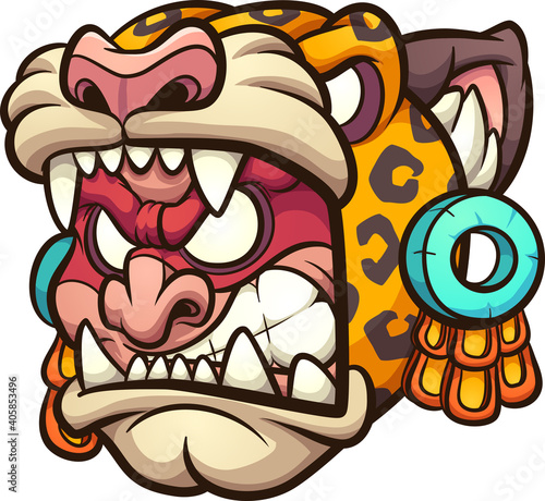 Aztec Jaguar warrior with angry face cartoon. Vector clip art illustration with simple gradients. All on a single layer.
