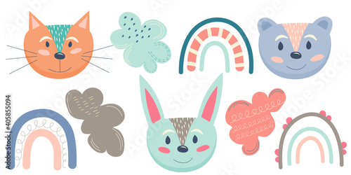 Clip art Scandinavian hug style is isolated on white background. Animals  clouds and rainbows in pleasant children s colors. Cute animal heads  hare  cat  bear. Vector illustration in handdraw style