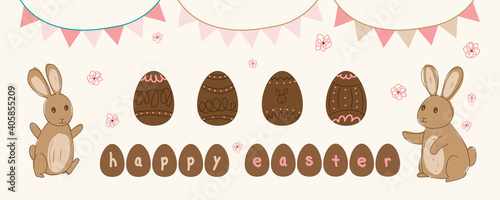 Happy Easter banner with Easter bunnies, chocolate Easter eggs, and pink pennant string banners