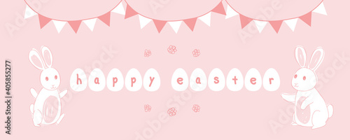 Happy Easter eggs white and pink Easter bunny banner