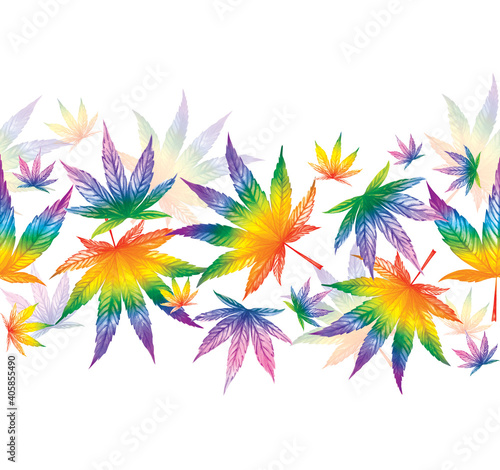 Pattern with a border of multicolored cannabis leaves on a white background. Watercolor illustration.