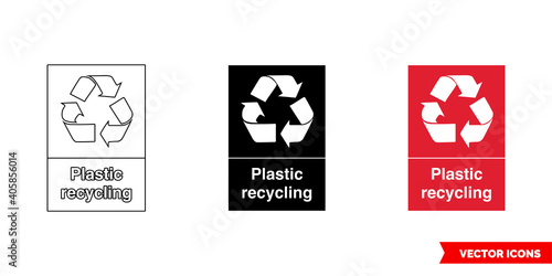 Plastic waste recycling sign icon of 3 types color, black and white, outline. Isolated vector sign symbol.