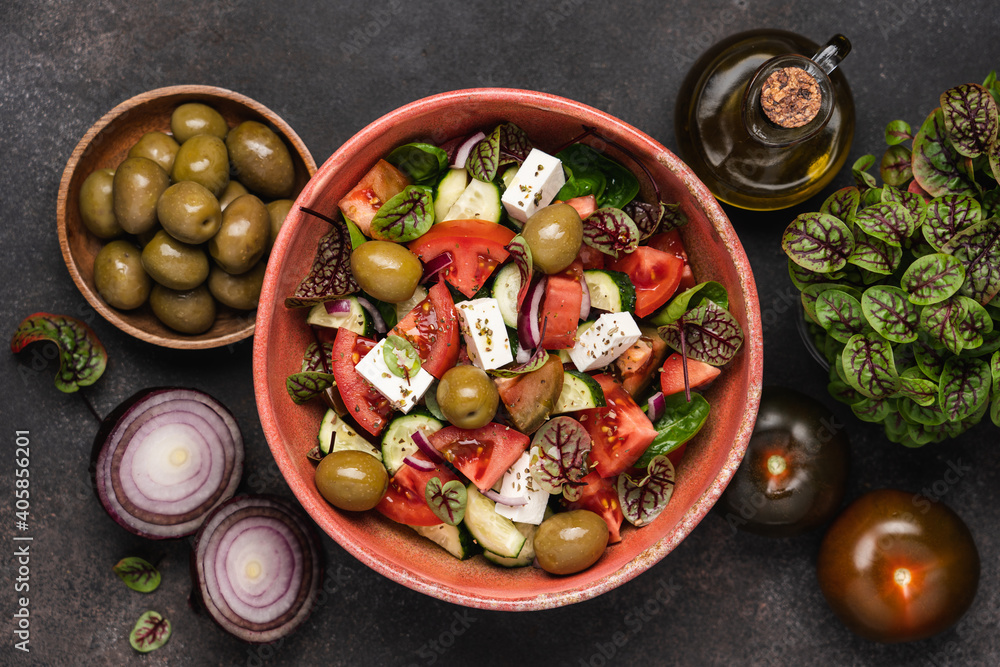 Traditional Greek salad with feta cheese. Bright and juicy vegetable healthy snack