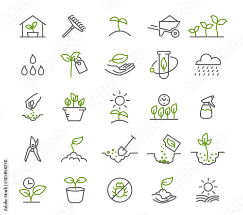 Set of icons. Growing seedlings plant shoots. Agriculture and agronomist. Biotechnology plants and flasks. Vector contour line.