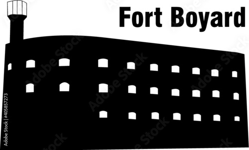 Medieval mediterranean fortress with towers icon. Ancient historical fort isolated on color background. Fort boyard