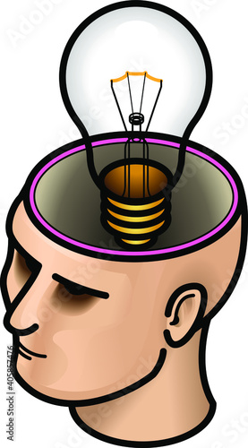 COncept: idea/thought. Head with a classic incandescent bulb.