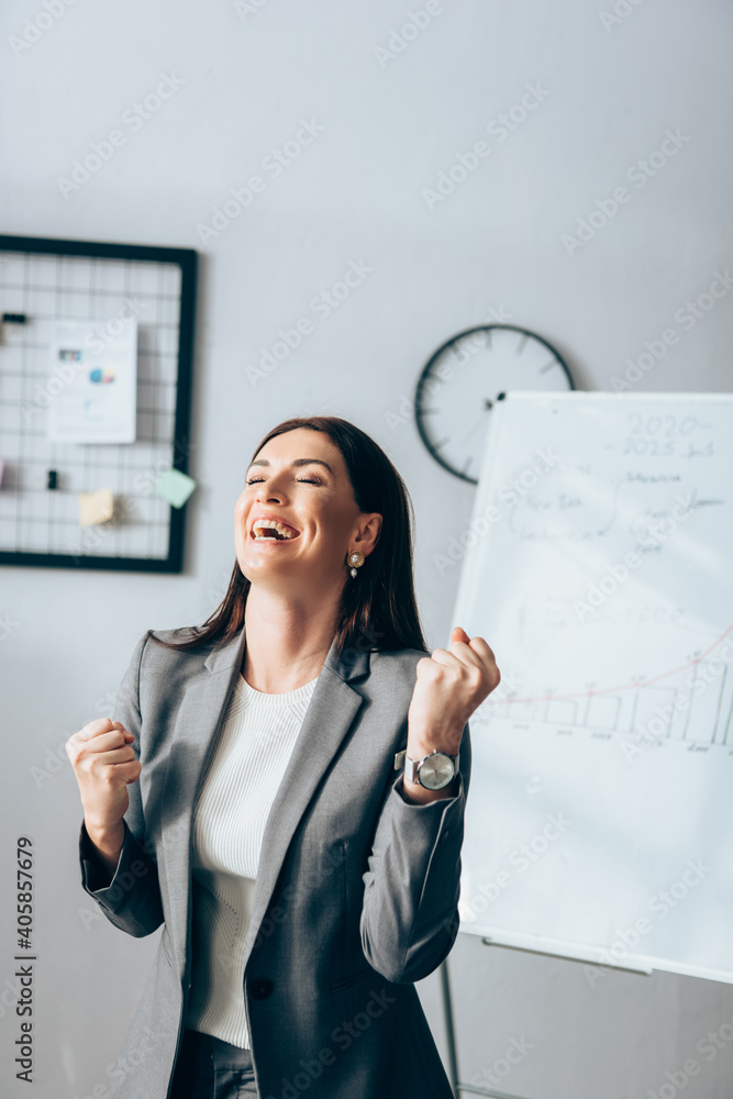 Cheerful businesswoman showing yeah gesture in office Cheerful businesswoman showing yeah gesture in office